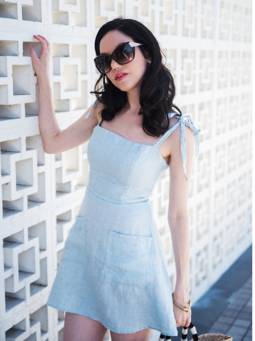 Reformation Light Blue Tie-Shoulder Linen Dress + Tote Bag